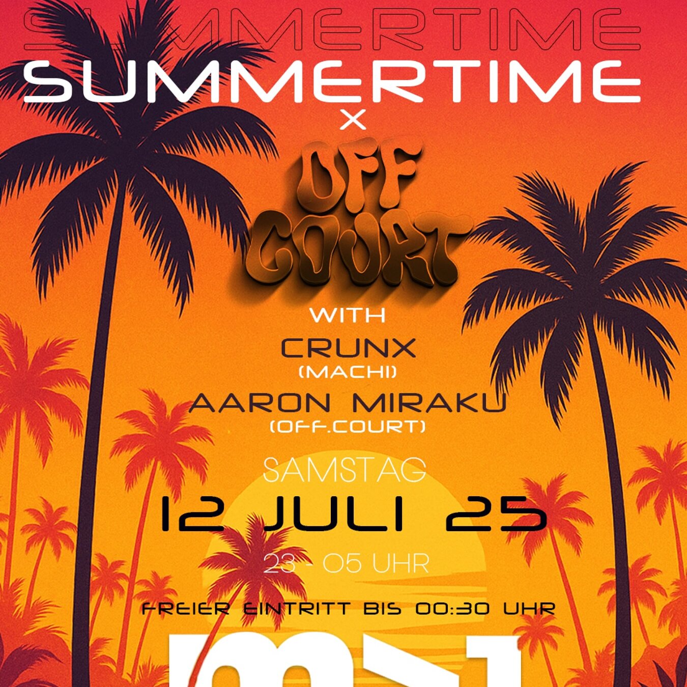 ☀️ SUMMERTIME x OFF COURT 🌴 Nürnberg, seid ihr bereit? Diesen Samstag, 12. Juli wird’s heiß im Mach1 – wir feiern den Sommer! Open Format meets House Music!🔥 🎧 CRUNX @mach_eins 🎧 AARON MIRAKU @off.court_sessions sorgen für die perfekte Soundkulisse und bringen euch zum Tanzen bis in den Morgen. 💃🕺 🕐 23:00 – 05:00 Uhr 🎟️ Freier Eintritt bis 00:30 Uhr 🥃 Welcome Shots all night long! Sagt’s euren Leuten, kommt früh und lasst uns gemeinsam den Sommer feiern! 🌅 #mach1club #summertimevibes #offcourt #nürnbergparty #housemusic #openformat #freeshots